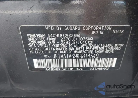 2019 Subaru Wrx из США, поврежденный, VIN JF1VA1A69K9814549